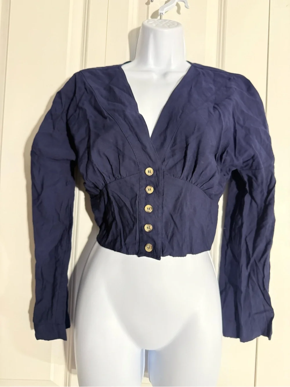 Free People Navy Button-Front Cropped Top